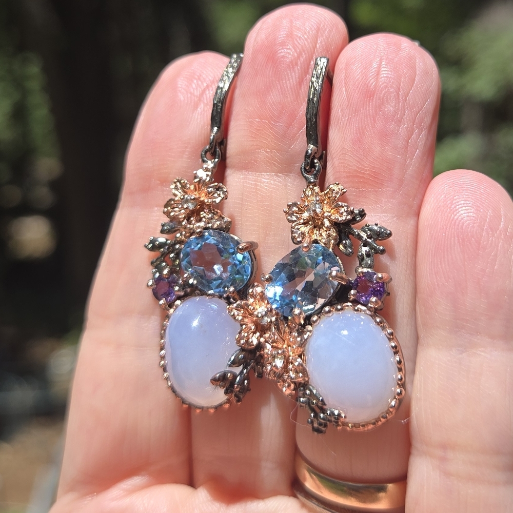 Chalcedony Topaz Amethyst Aquamarine Sterling Rhodium & Rosegold Floral Earrings - Picture 4 of 10
